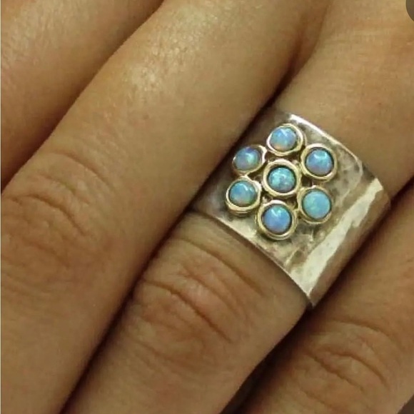 Carved silver and turquoise colored stone ring.  Size 10 - Picture 2 of 2